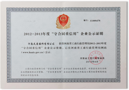 天曼服饰守合同重信用证书